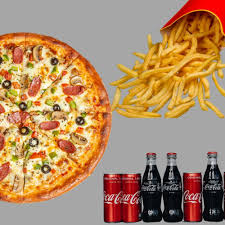 Chicken pizza+french fries+col drinks