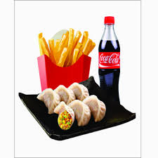 Veg Schezwan momos +french fries +cold Drink