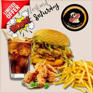 Crispy chicken burger+5 chicken wings+ soft drink